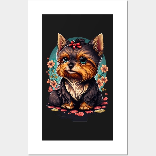 Super Cute Yorkshire Terrier Puppy Portrait Japanese style Wall Art by KoolArtDistrict